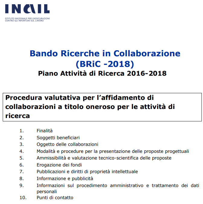 Pubblicato sul portale #Inail il nuovo Bando Bric 2018 bando