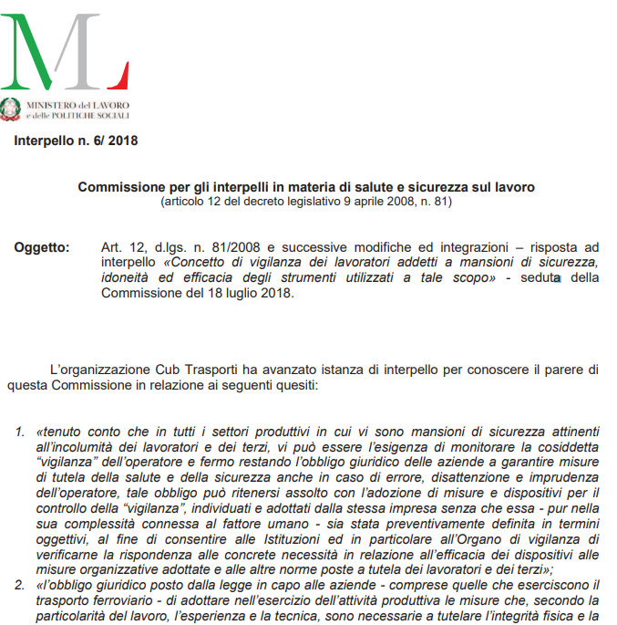 Inl, interpello sicurezza sul lavoro n.6/2018 interpello6