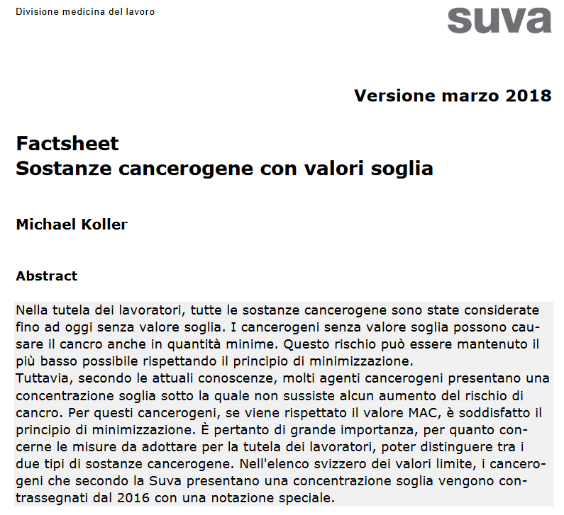 Factsheet SUVA Sostanze cancerogene con valori soglia