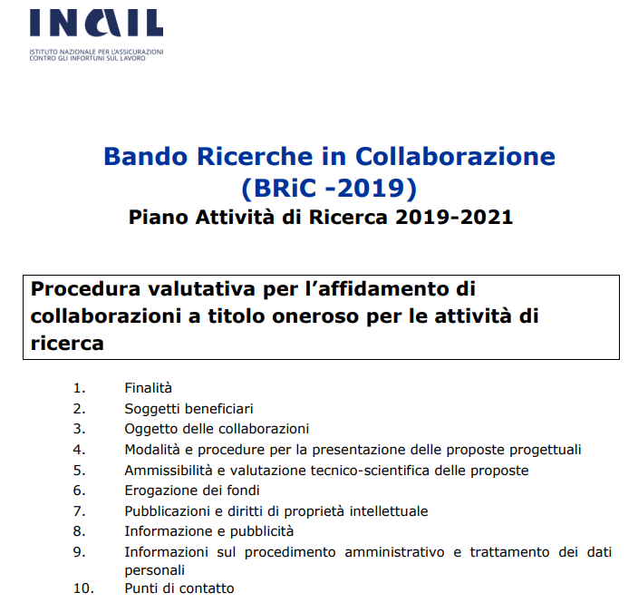Procedura valutativa per l’affidamento di collaborazioni a titolo oneroso per le attività di ricerca bando bric 2019