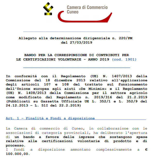 La Camera di Commercio di Cuneo ha pubblicato un bando per la concessione di contributi Bando