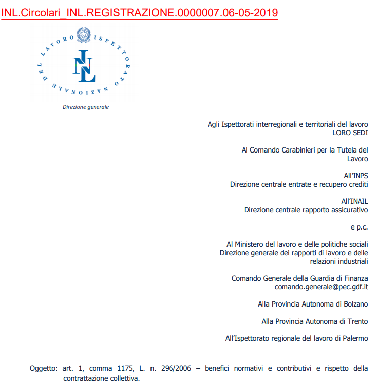 benefici normativi e contributivi e rispetto della contrattazione circolare