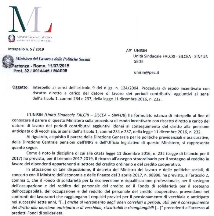 interpello Ministero Lavoro n.5/2019