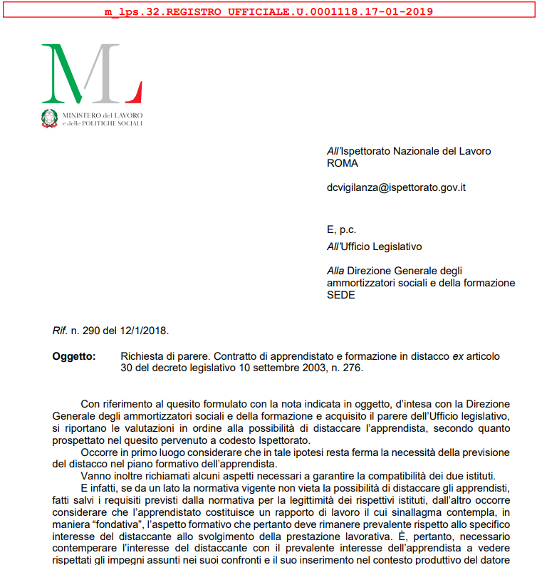 Apprendistato e formazione in distacco nota ministero lavoro