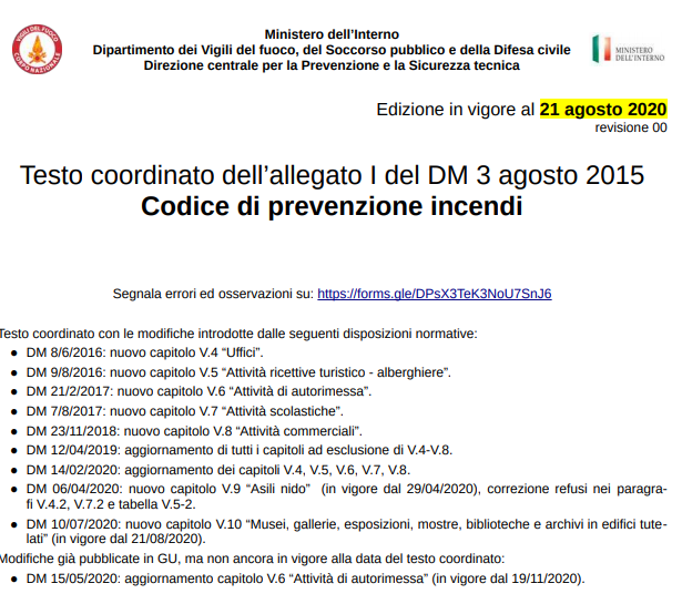 Testo coordinato dell’allegato I del DM 3 agosto 2015 21 agosto 2020 codice incendi