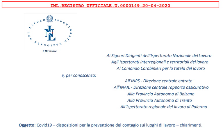 Check-list Ispettori INL.REGISTRO UFFICIALE.U.0000149.20-04-2020