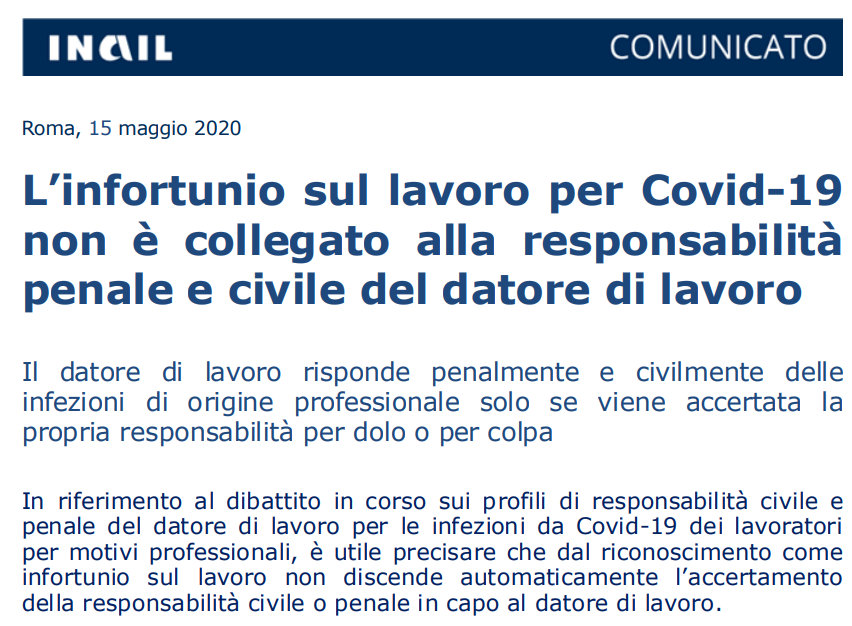 L'infortunio sul lavoro per Covid-19 non è collegato alla responsabilità  penale e civile del datore di lavoro