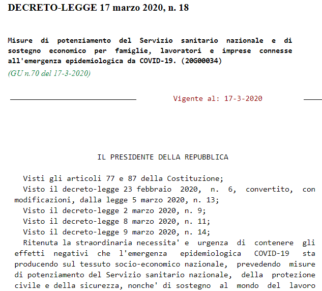 DECRETO-LEGGE 17 marzo 2020, n. 18 decreto