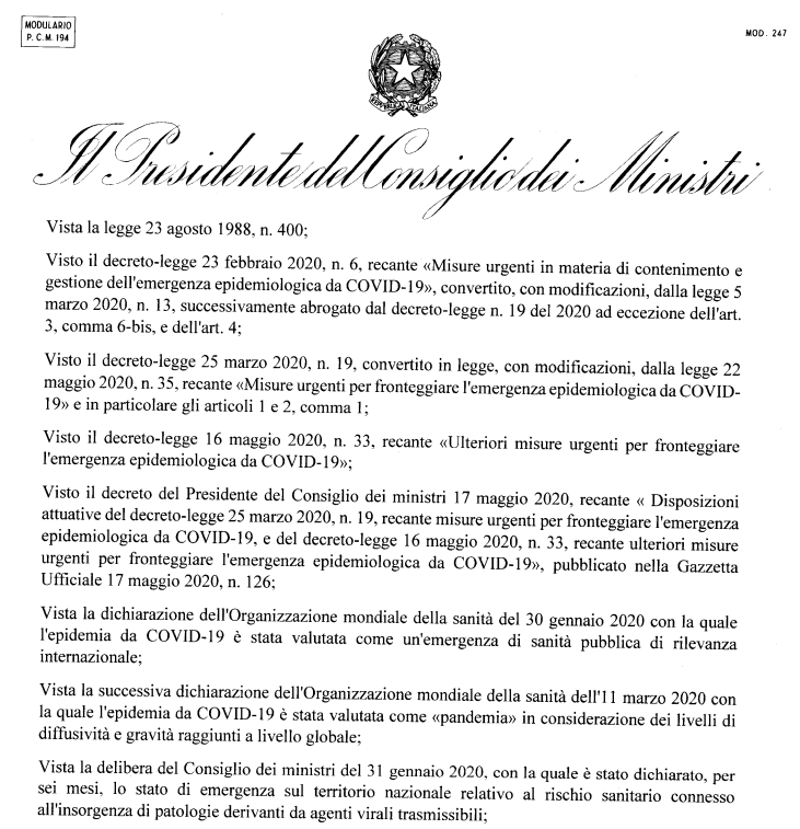 DECRETO DEL PRESIDENTE DEL CONSIGLIO DEI MINISTRI 11 giugno 2020 Dpcm 11 giugno 2020 DECRETO DEL PRESIDENTE DEL CONSIGLIO DEI MINISTRI 11 giugno 2020 Dpcm 11 giugno 2020