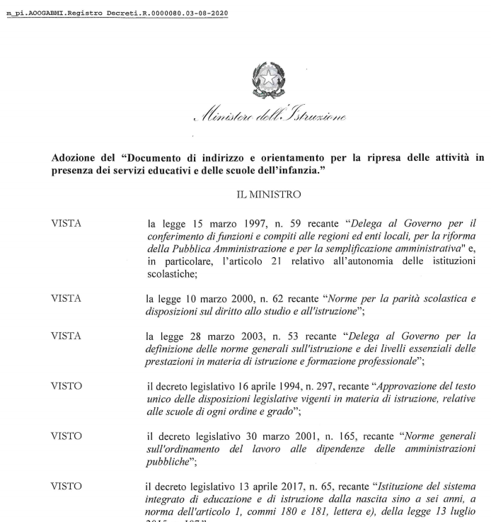 Sono state pubblicate dal Miur le linee guida per la scuola 0-6 anni approvate dalla Conferenza Unificata Stato Regioni il 31 luglio 2020.