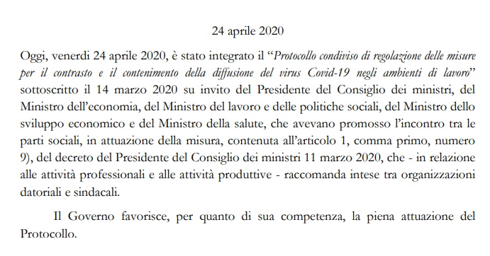 Protocollo condiviso di regolamentazione delle misure 24 Aprile 2020