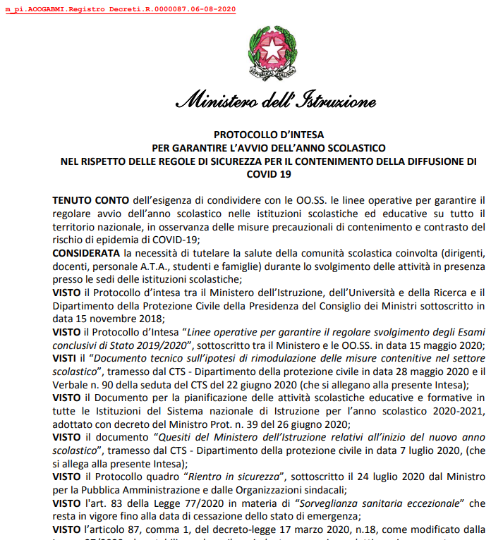 PROTOCOLLO D’INTESA PER GARANTIRE L’AVVIO DELL’ANNO SCOLASTICO protocollo scuola
