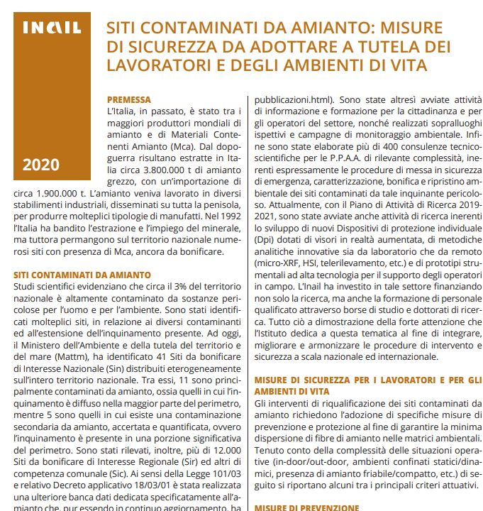 INAIL 2020 SITI CONTAMINATI DA AMIANTO