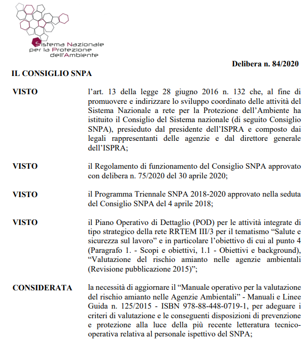 Documento di indirizzo per la valutazione del rischio amianto nel SNPA Documento di indirizzo per la valutazione del rischio amianto nel SNPA