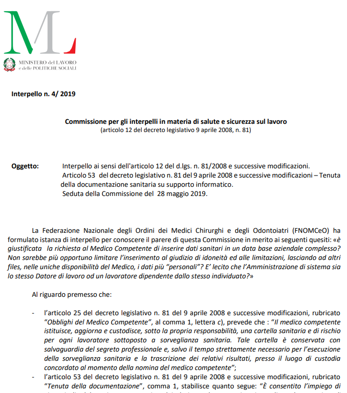 Interpello salute e sicurezza sul lavoro n.4/2019 Interpello salute e sicurezza sul lavoro n.4/2019