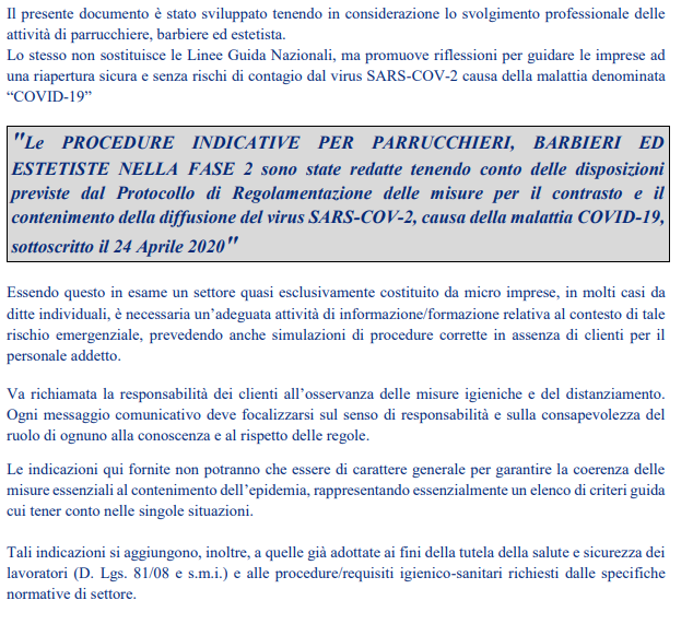 Le PROCEDURE INDICATIVE PER PARRUCCHIERI, BARBIERI ED ESTETISTE NELLA FASE 2 Le PROCEDURE INDICATIVE PER PARRUCCHIERI, BARBIERI ED ESTETISTE NELLA FASE 2